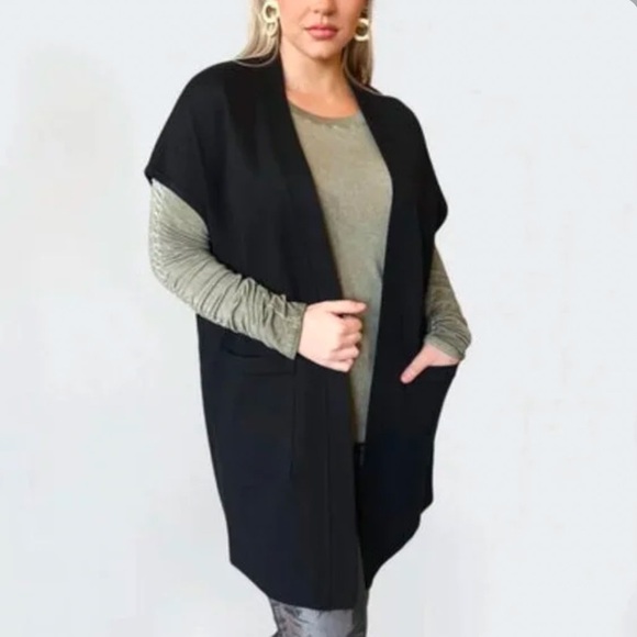 Clara Sun Woo Vest Ponte Knit Size XL Black Cap Sleeve Pockets Open Front - Picture 1 of 8